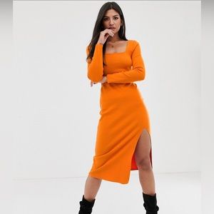 ASOS DESIGN Long sleeve super soft square neck midi dress orange size 10